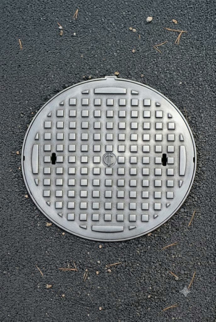 Round cast iron manhole cover set flush into asphalt